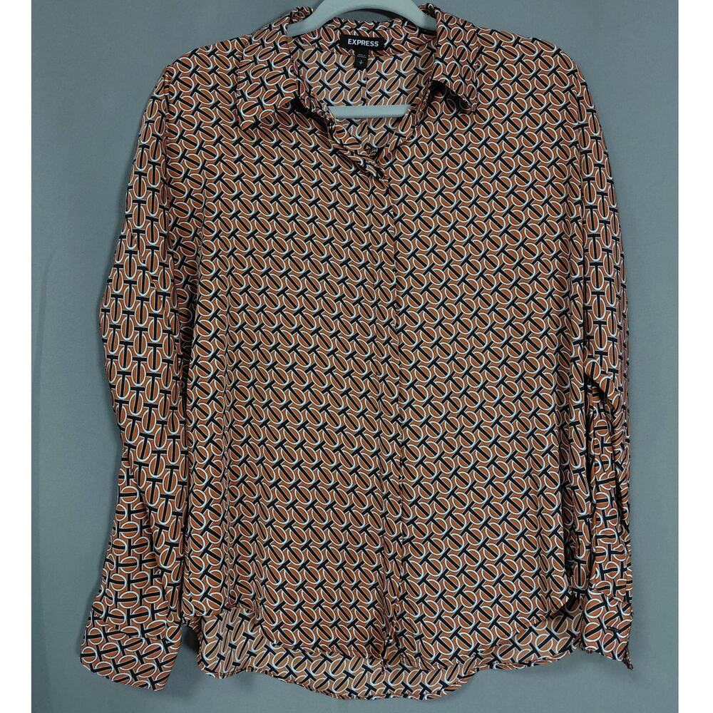 Express Orange Collared Geometric Button-Up Shirt Women Size S